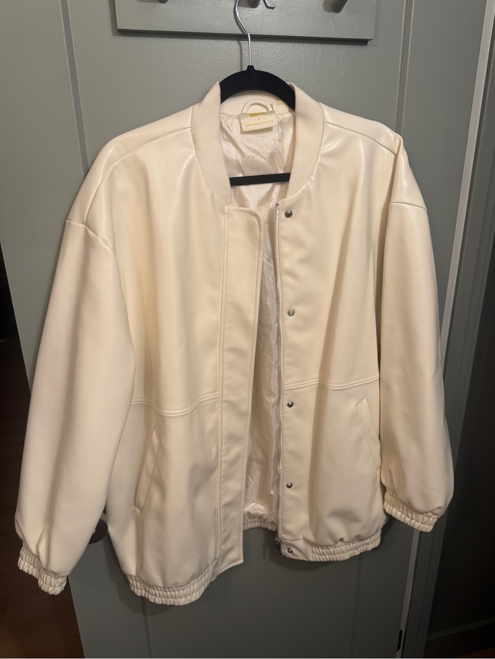 Maeve Cream Faux-Leather Bomber Jacket